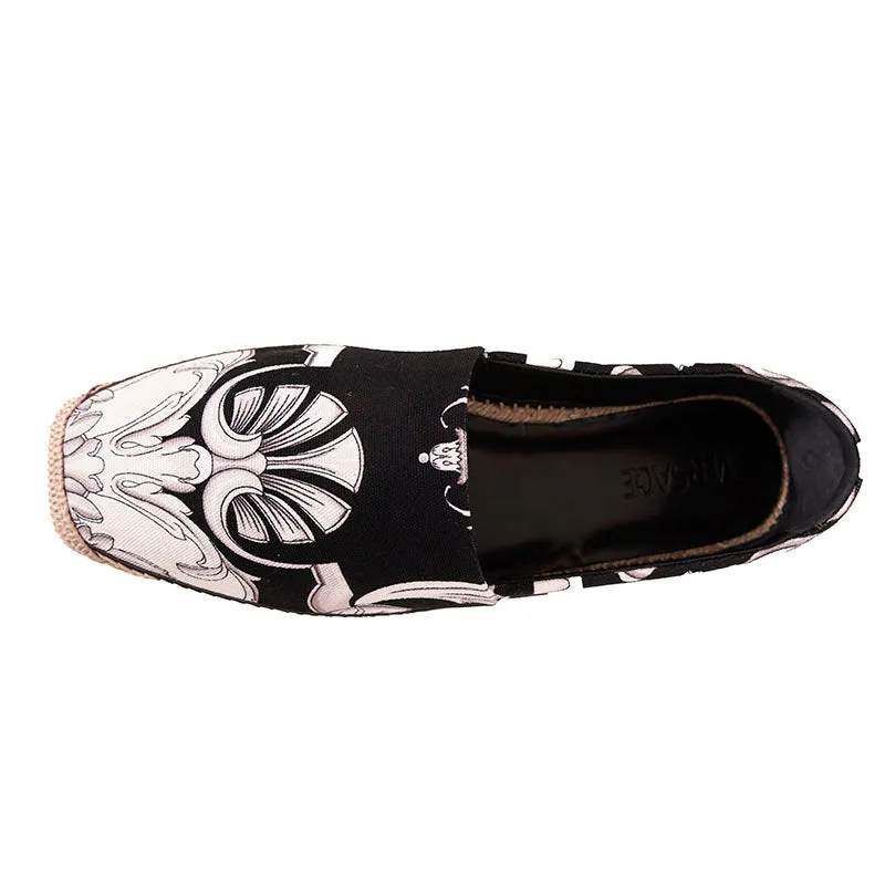 SZ 42, 43.5, 44 NEW $550 VERSACE Men's Black White BAROQUE PRINT Espadrilles FLATS