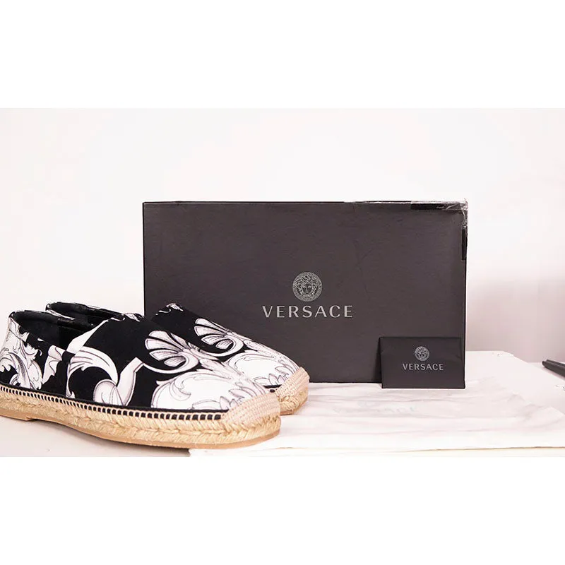 SZ 42, 43.5, 44 NEW $550 VERSACE Men's Black White BAROQUE PRINT Espadrilles FLATS