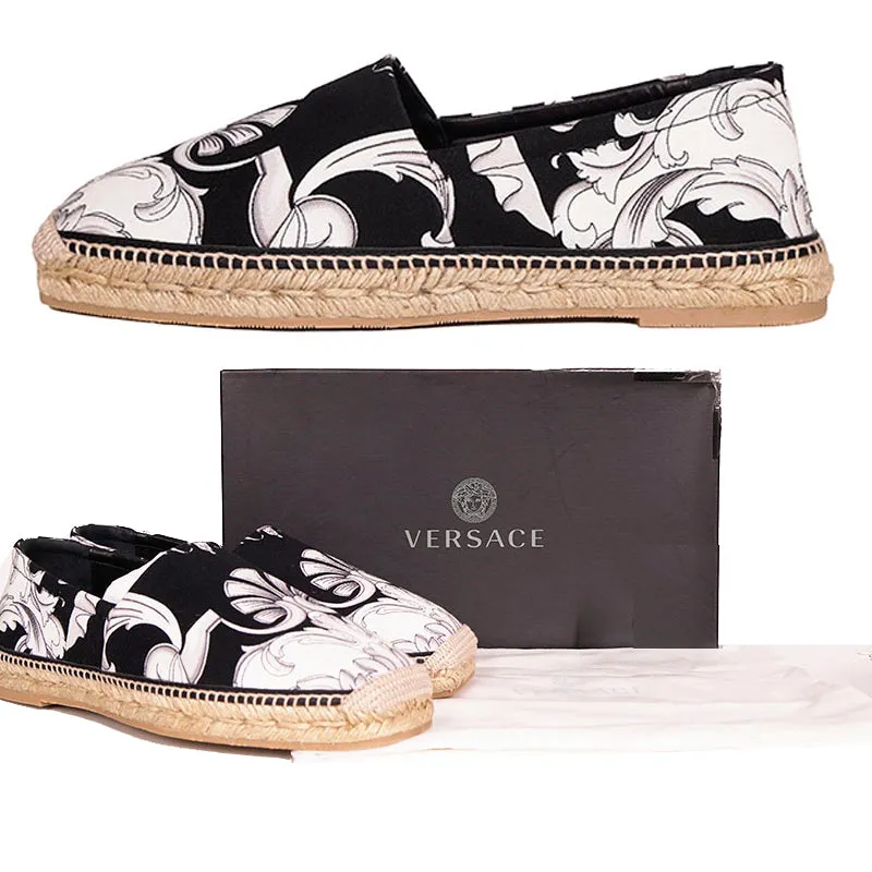 SZ 42, 43.5, 44 NEW $550 VERSACE Men's Black White BAROQUE PRINT Espadrilles FLATS