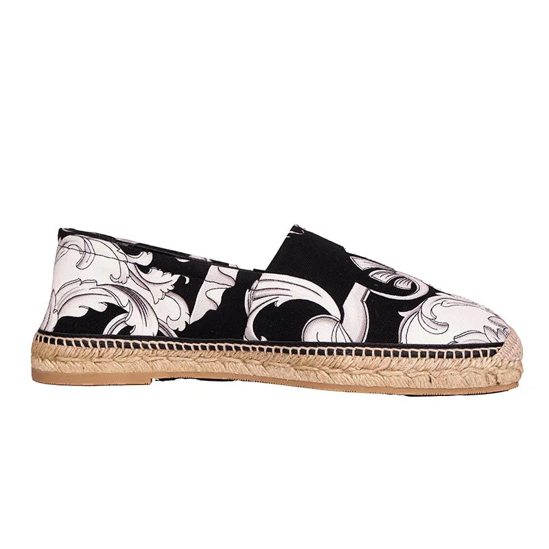 SZ 42, 43.5, 44 NEW $550 VERSACE Men's Black White BAROQUE PRINT Espadrilles FLATS