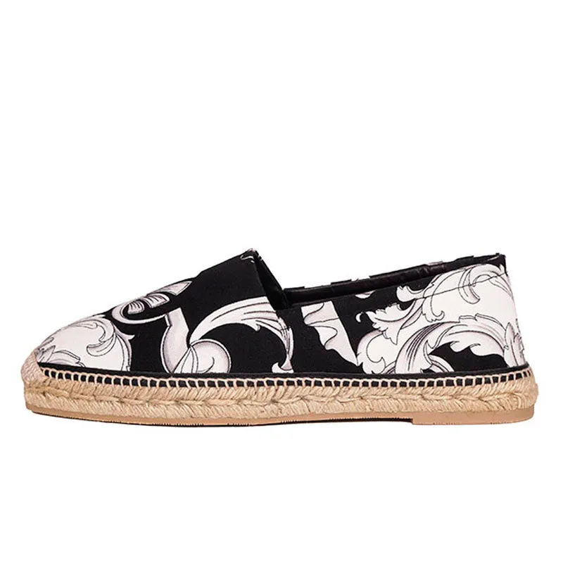 SZ 42, 43.5, 44 NEW $550 VERSACE Men's Black White BAROQUE PRINT Espadrilles FLATS