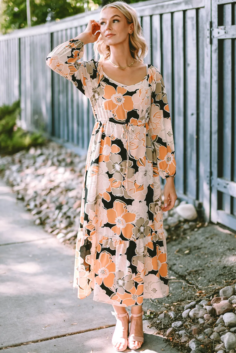 Tie Waist Bold Floral Maxi Dresses