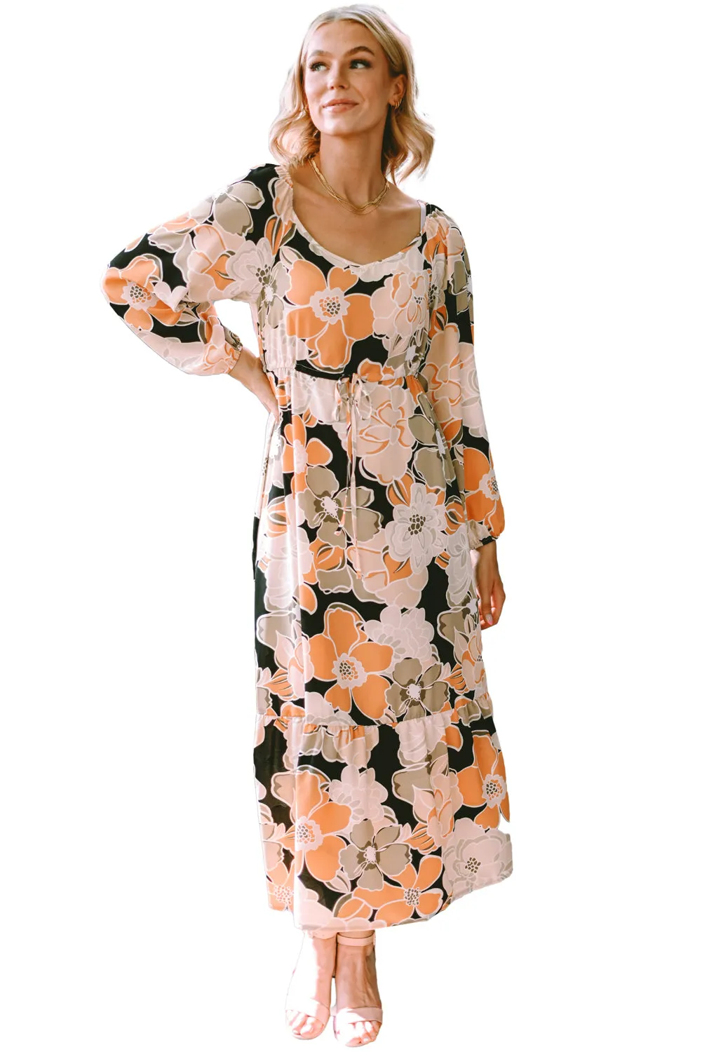 Tie Waist Bold Floral Maxi Dresses