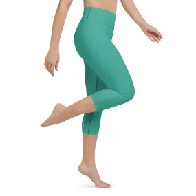 Turquoise Women's Yoga Capri Leggings, Solid Color Blue Women's Capris Tights-Made in USA/EU/MX