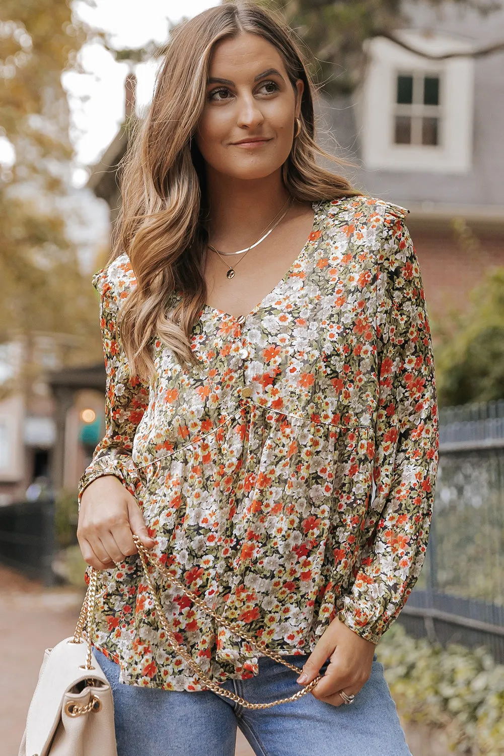 V Neck Ruffled Babydoll Floral Blouse