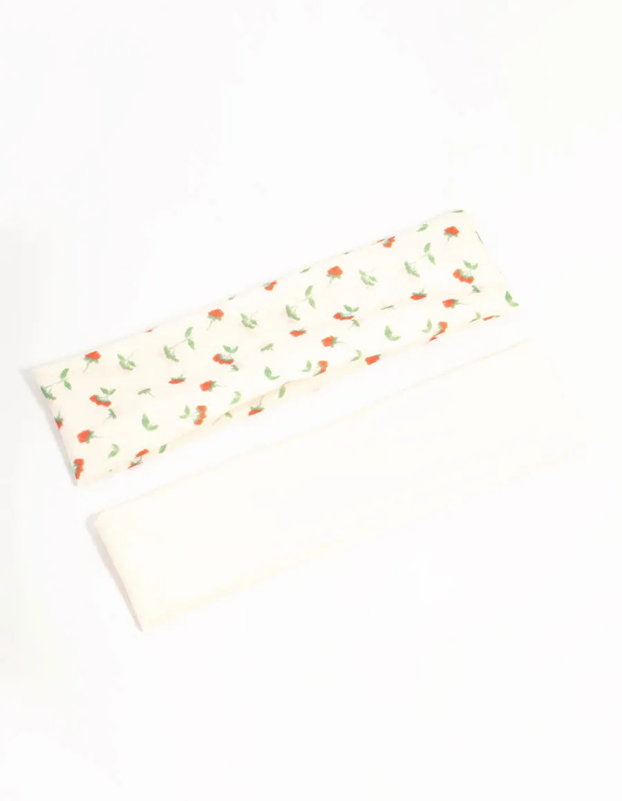 White & Floral Stretch Fabric Headbands 2-Pack