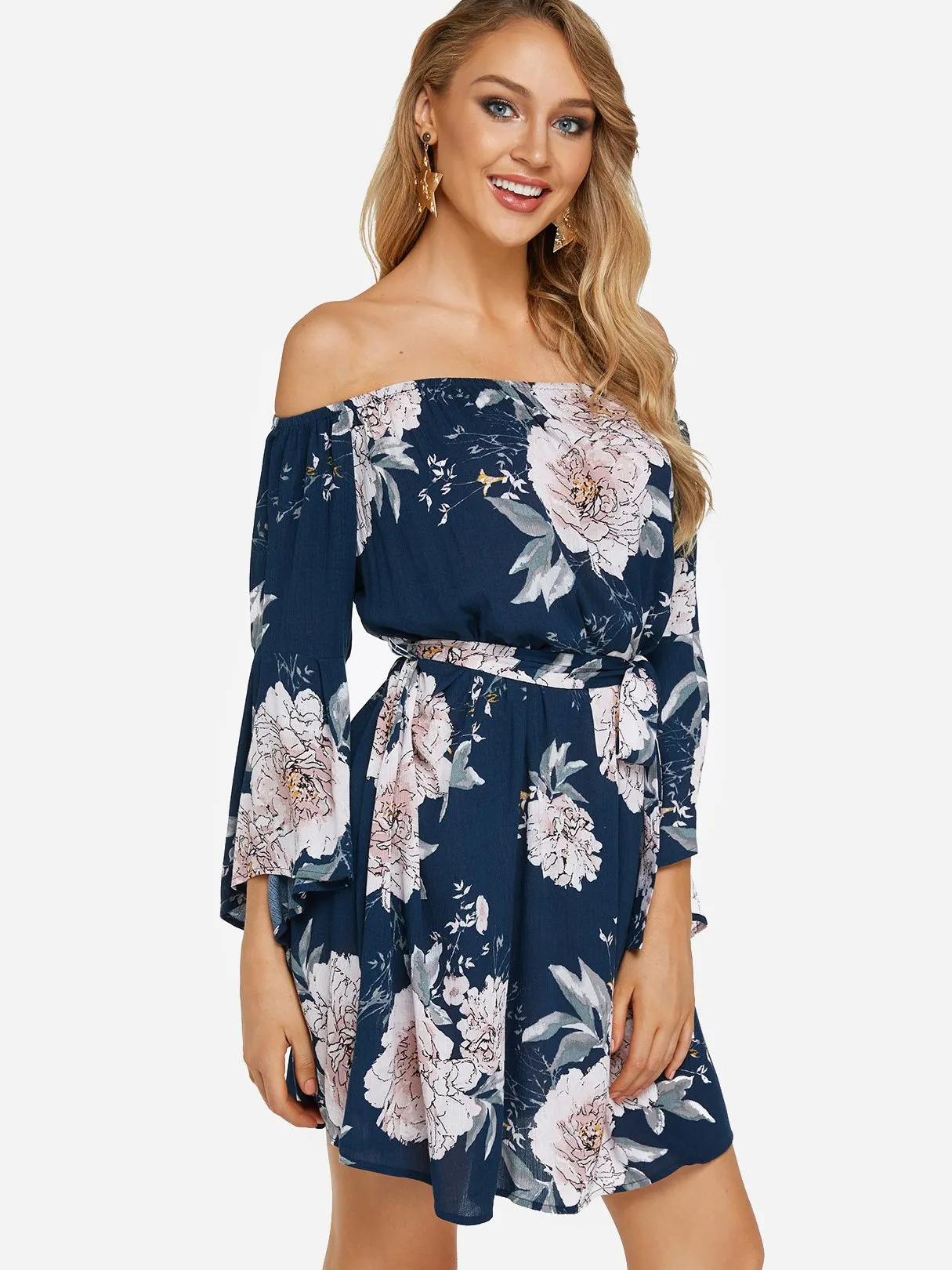 Wholesale Navy Off The Shoulder Long Sleeve Floral Print Slit Belt Self-Tie Dresses