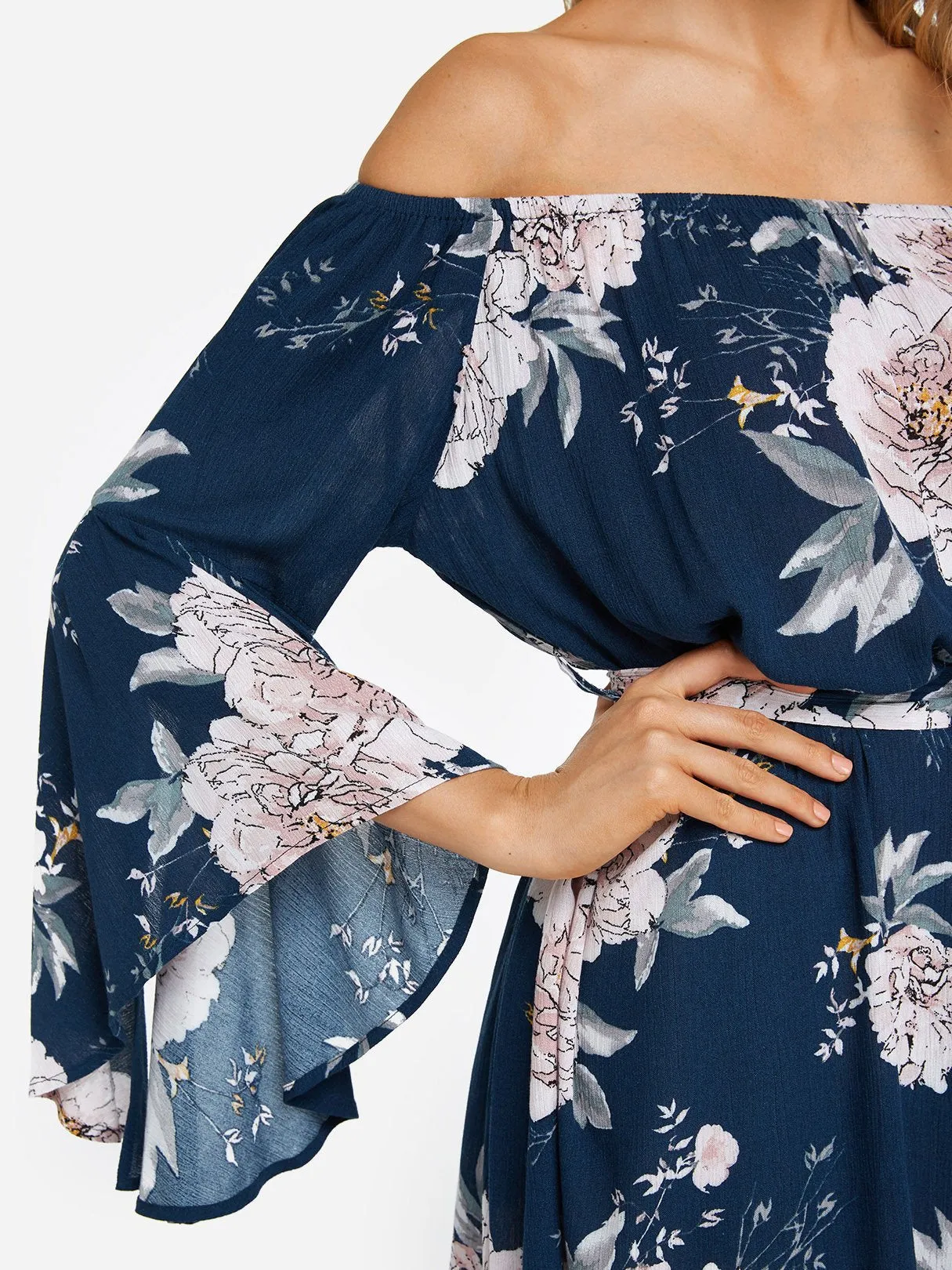 Wholesale Navy Off The Shoulder Long Sleeve Floral Print Slit Belt Self-Tie Dresses