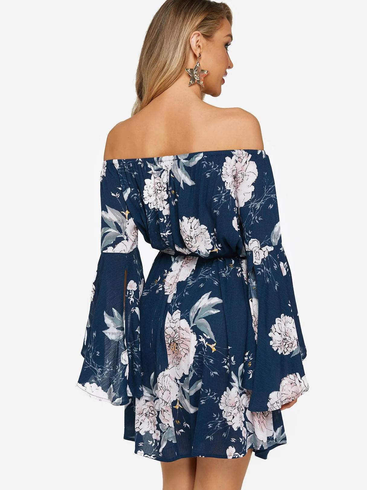 Wholesale Navy Off The Shoulder Long Sleeve Floral Print Slit Belt Self-Tie Dresses