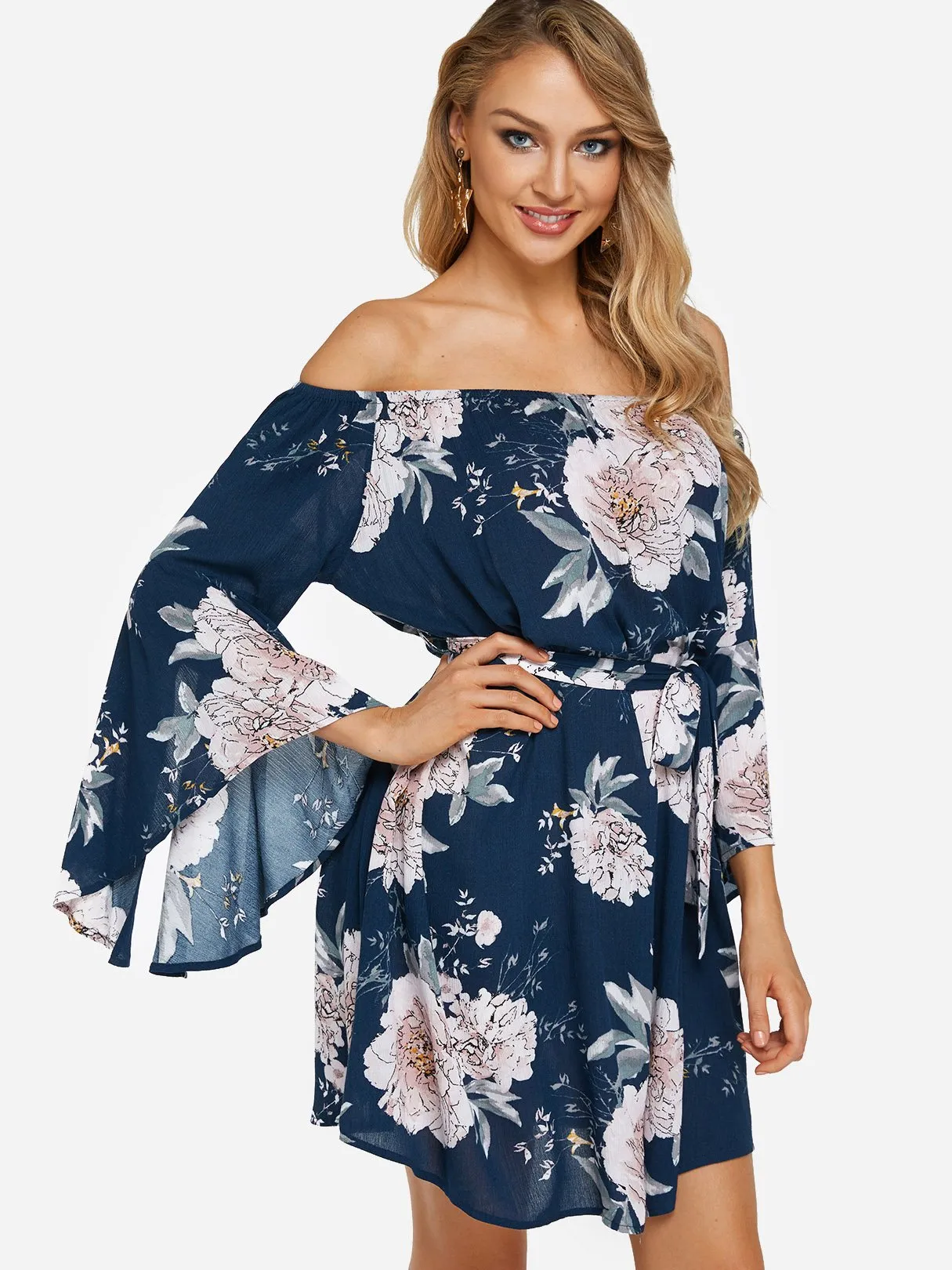 Wholesale Navy Off The Shoulder Long Sleeve Floral Print Slit Belt Self-Tie Dresses