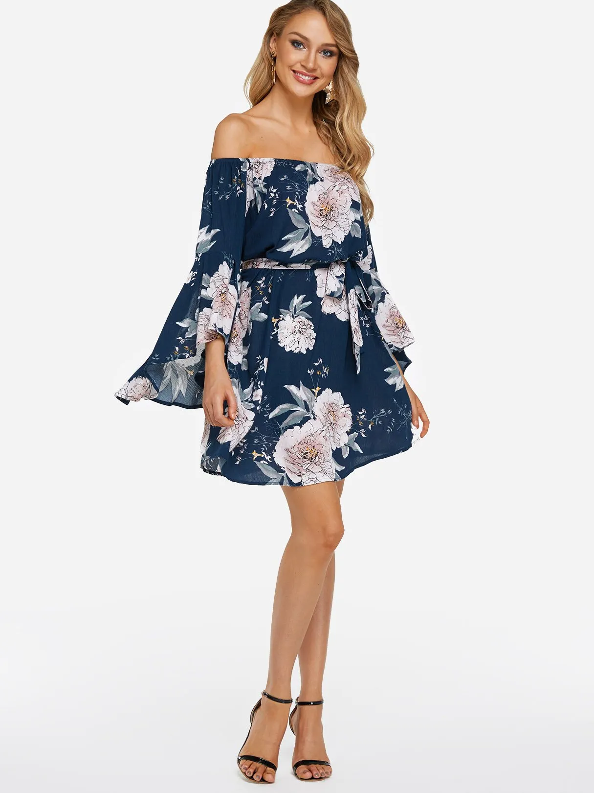 Wholesale Navy Off The Shoulder Long Sleeve Floral Print Slit Belt Self-Tie Dresses