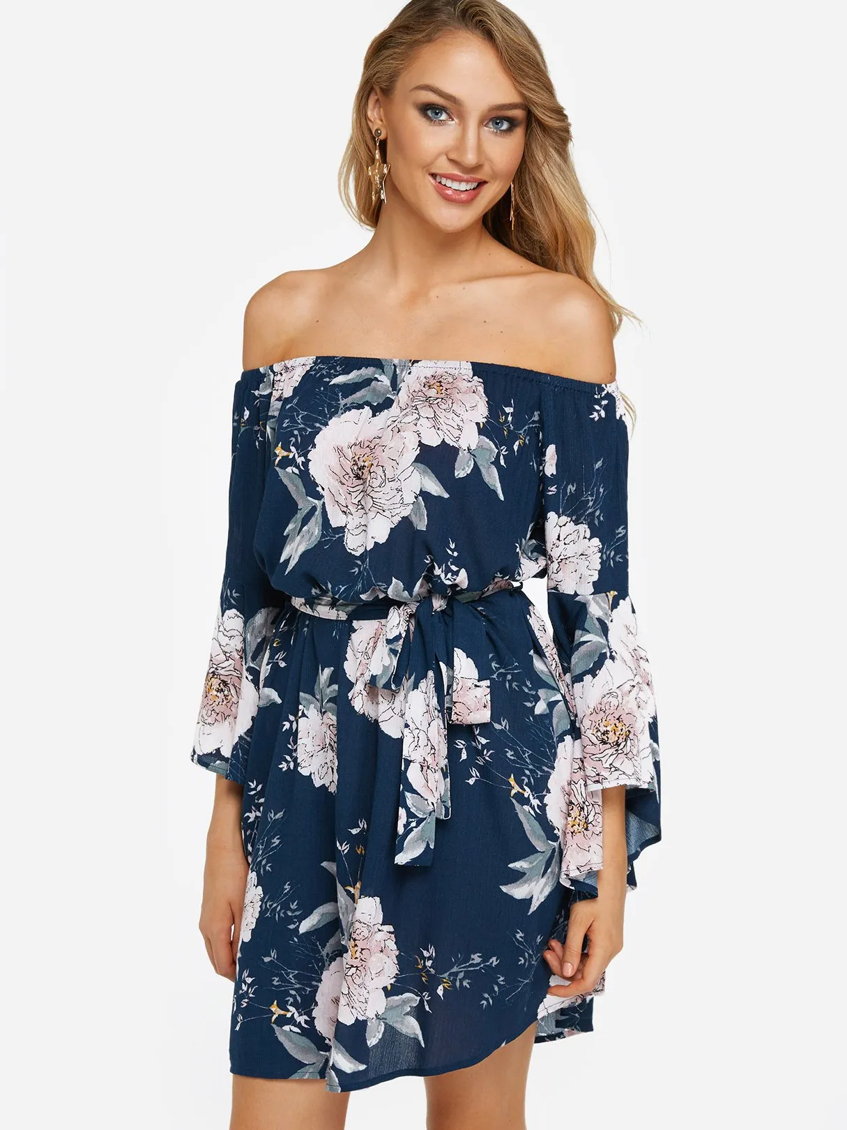 Wholesale Navy Off The Shoulder Long Sleeve Floral Print Slit Belt Self-Tie Dresses