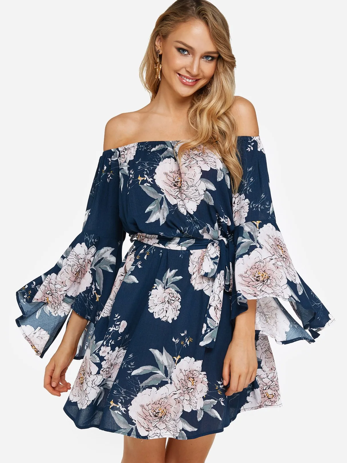 Wholesale Navy Off The Shoulder Long Sleeve Floral Print Slit Belt Self-Tie Dresses