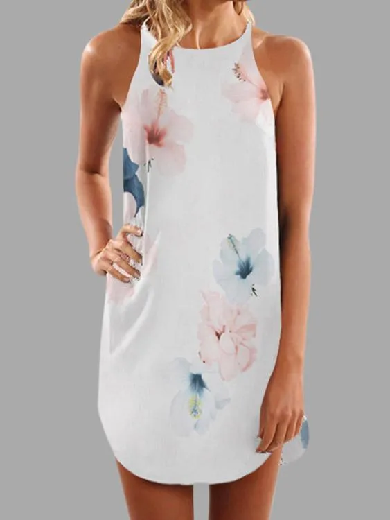 Wholesale Round Neck Sleeveless Floral Print Curved Hem Dresses