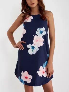 Wholesale Round Neck Sleeveless Floral Print Curved Hem Dresses