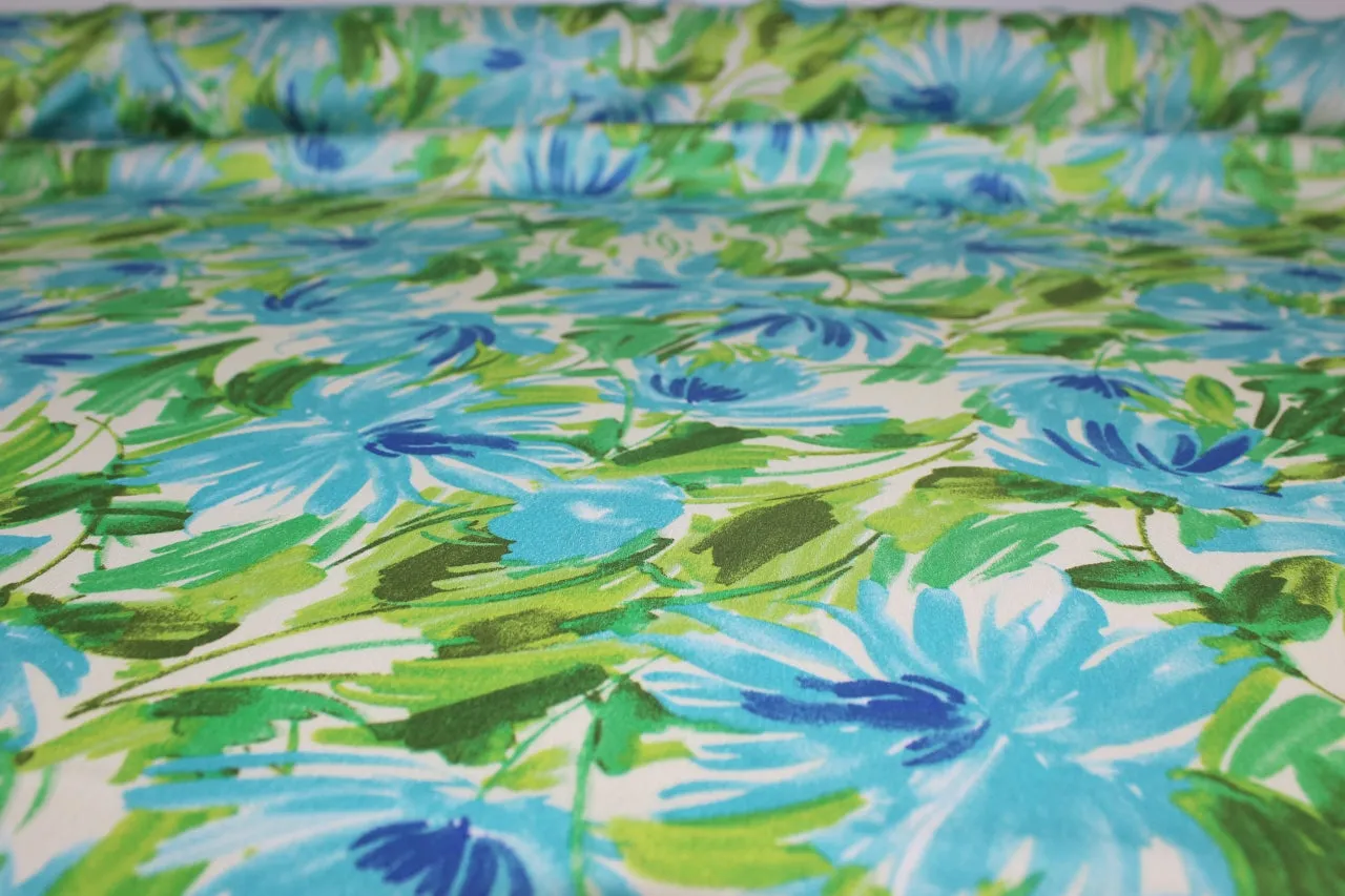 Wide Floral Stretch Silk Charmeuse - Blues/Greens