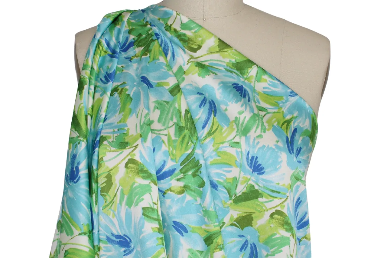 Wide Floral Stretch Silk Charmeuse - Blues/Greens