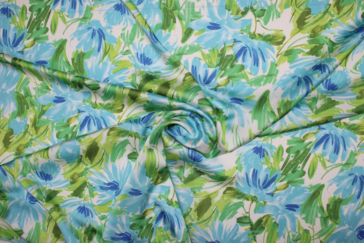 Wide Floral Stretch Silk Charmeuse - Blues/Greens