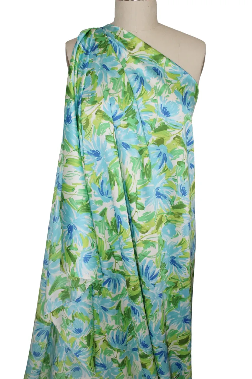 Wide Floral Stretch Silk Charmeuse - Blues/Greens