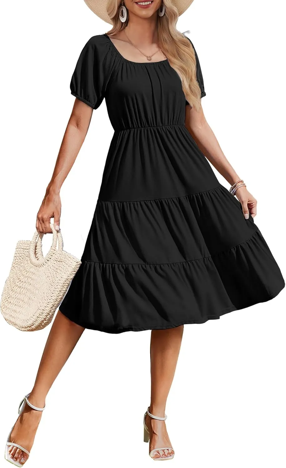 Zeagoo Womens Casual Dress Square Neck Puff Sleeve Boho Dress