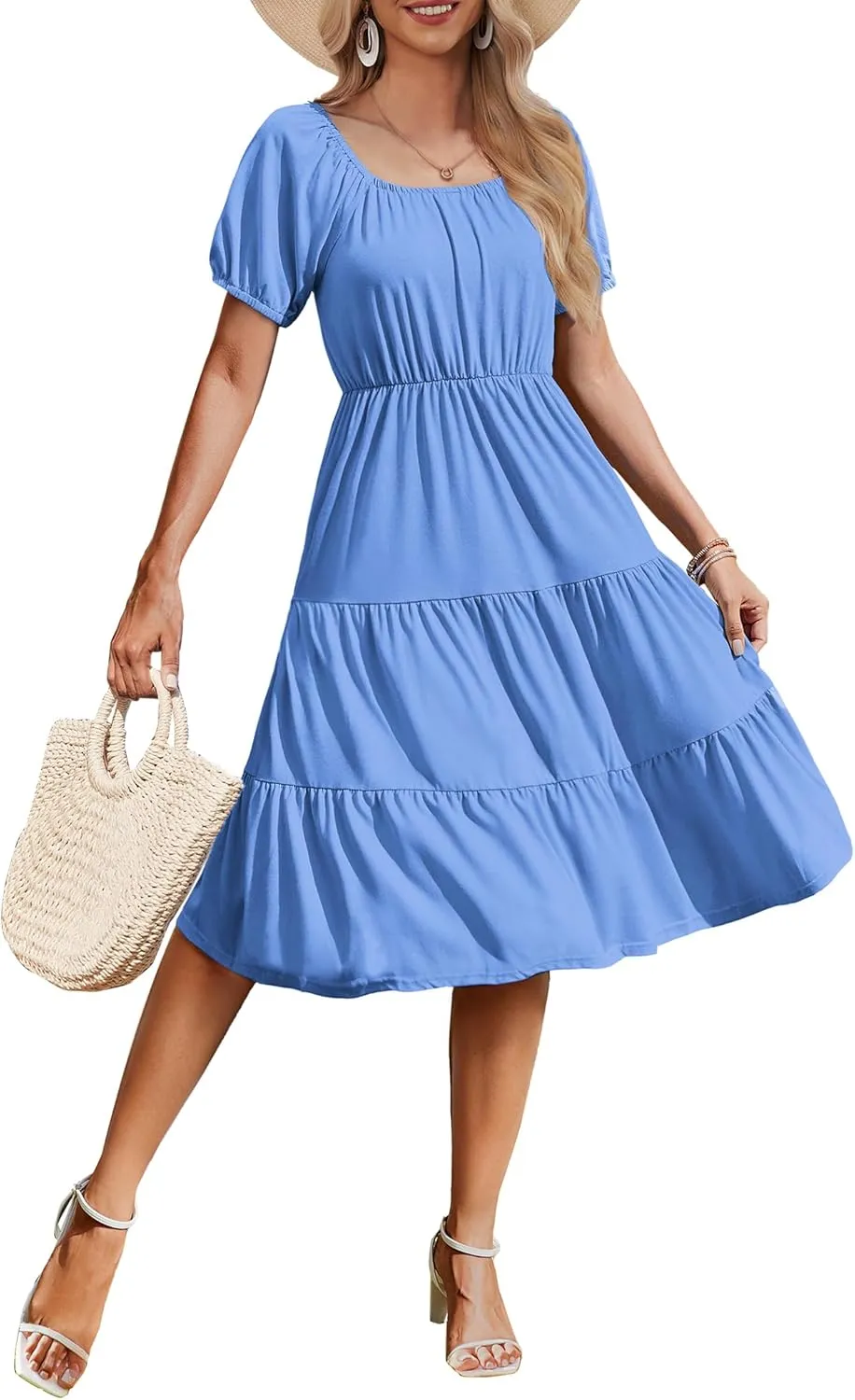 Zeagoo Womens Casual Dress Square Neck Puff Sleeve Boho Dress