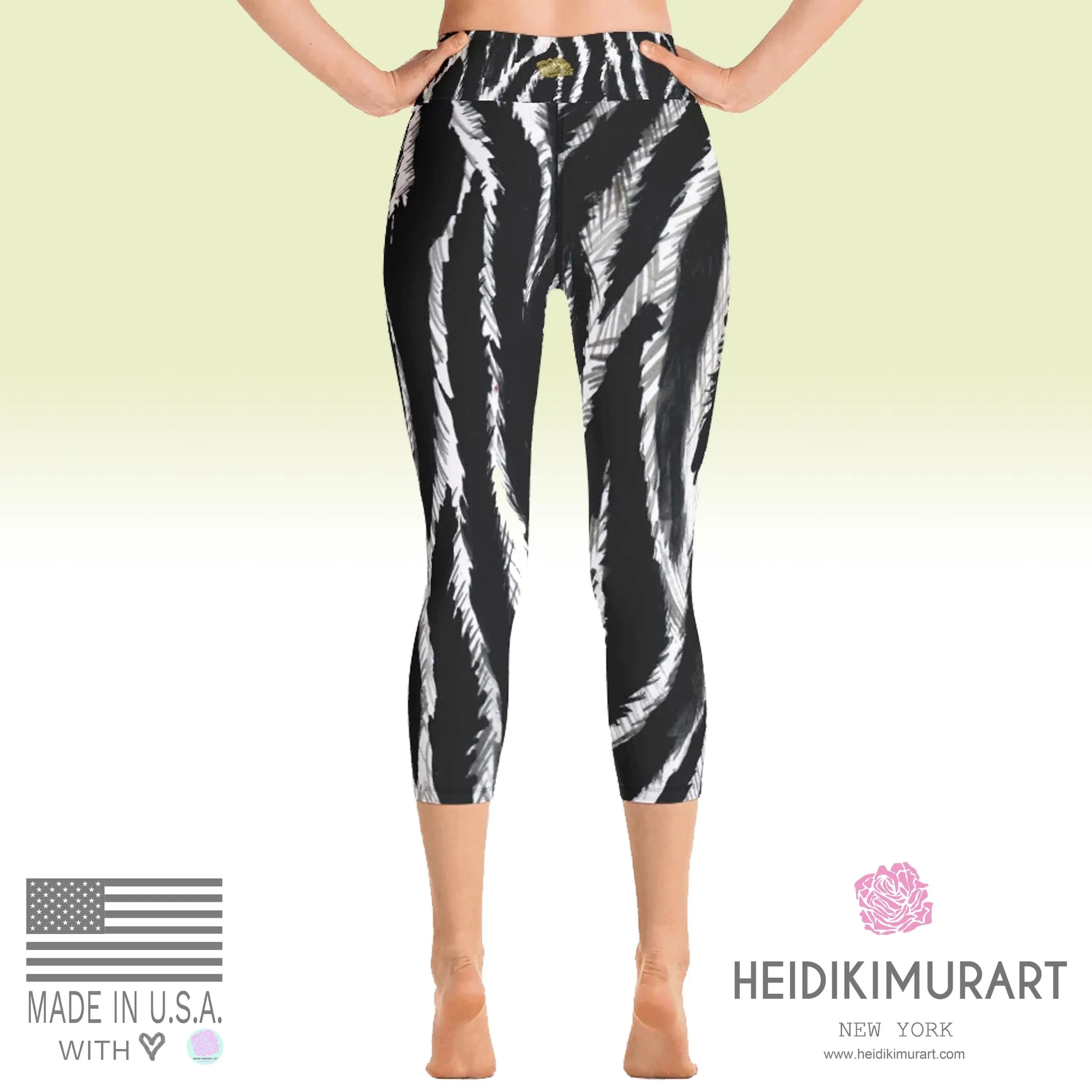 Zebra Striped Capris Tights, Best Zebra Animal Print Women's Yoga Capri Leggings- Made in USA (Size: XS-XL)