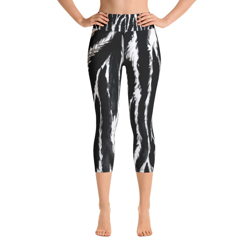 Zebra Striped Capris Tights, Best Zebra Animal Print Women's Yoga Capri Leggings- Made in USA (Size: XS-XL)