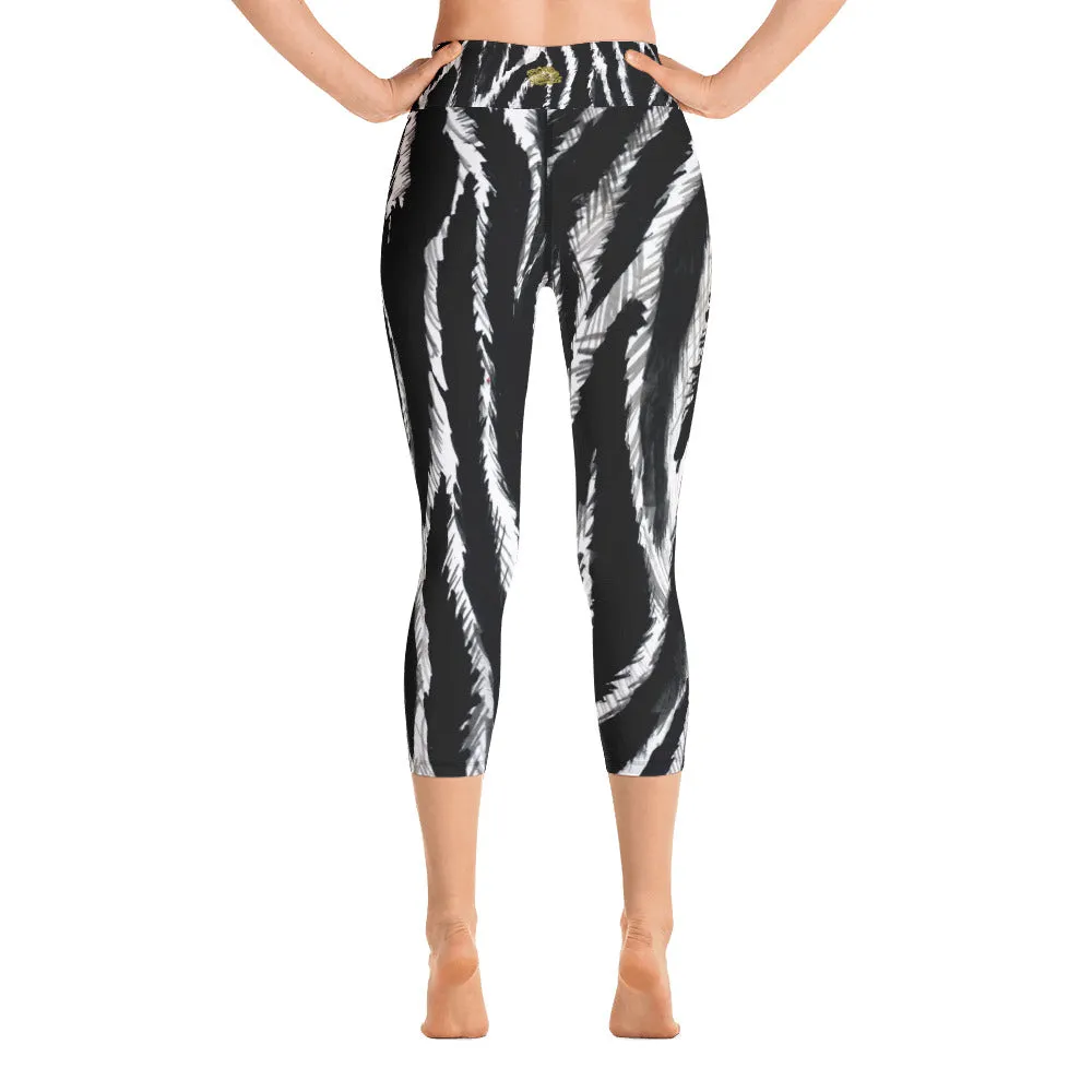 Zebra Striped Capris Tights, Best Zebra Animal Print Women's Yoga Capri Leggings- Made in USA (Size: XS-XL)